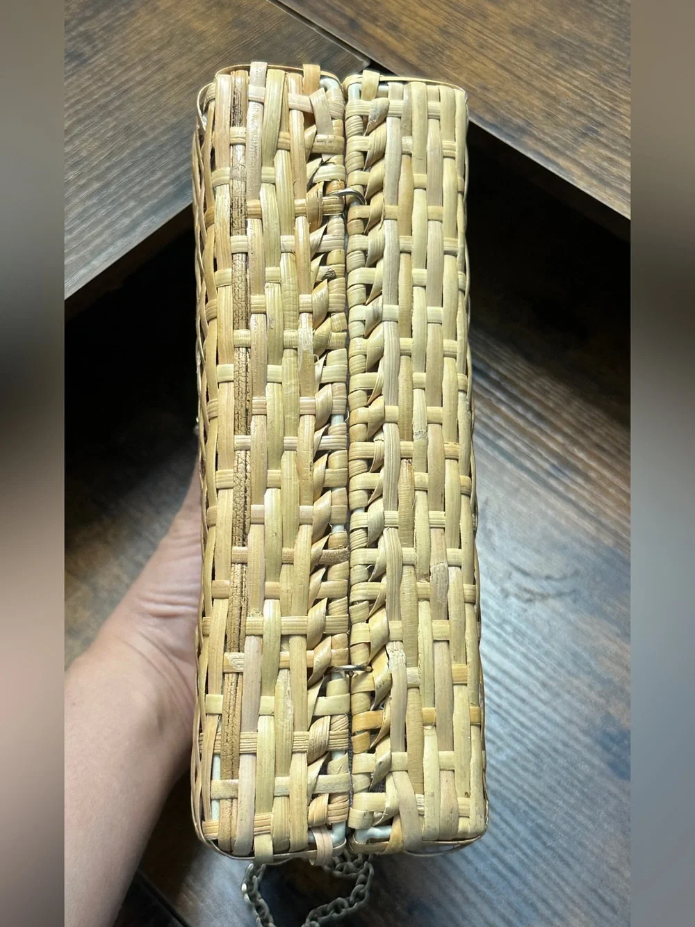 Zara Natural Tan Woven Straw Clutch with Gold-Tone Chain Closure